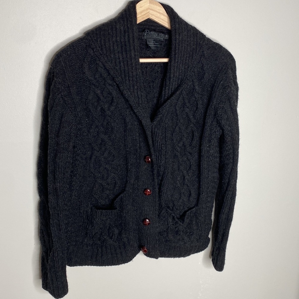 Peregrine By JG Glover Wool Cable Knit Chunky Gray Cardigan Made in England
